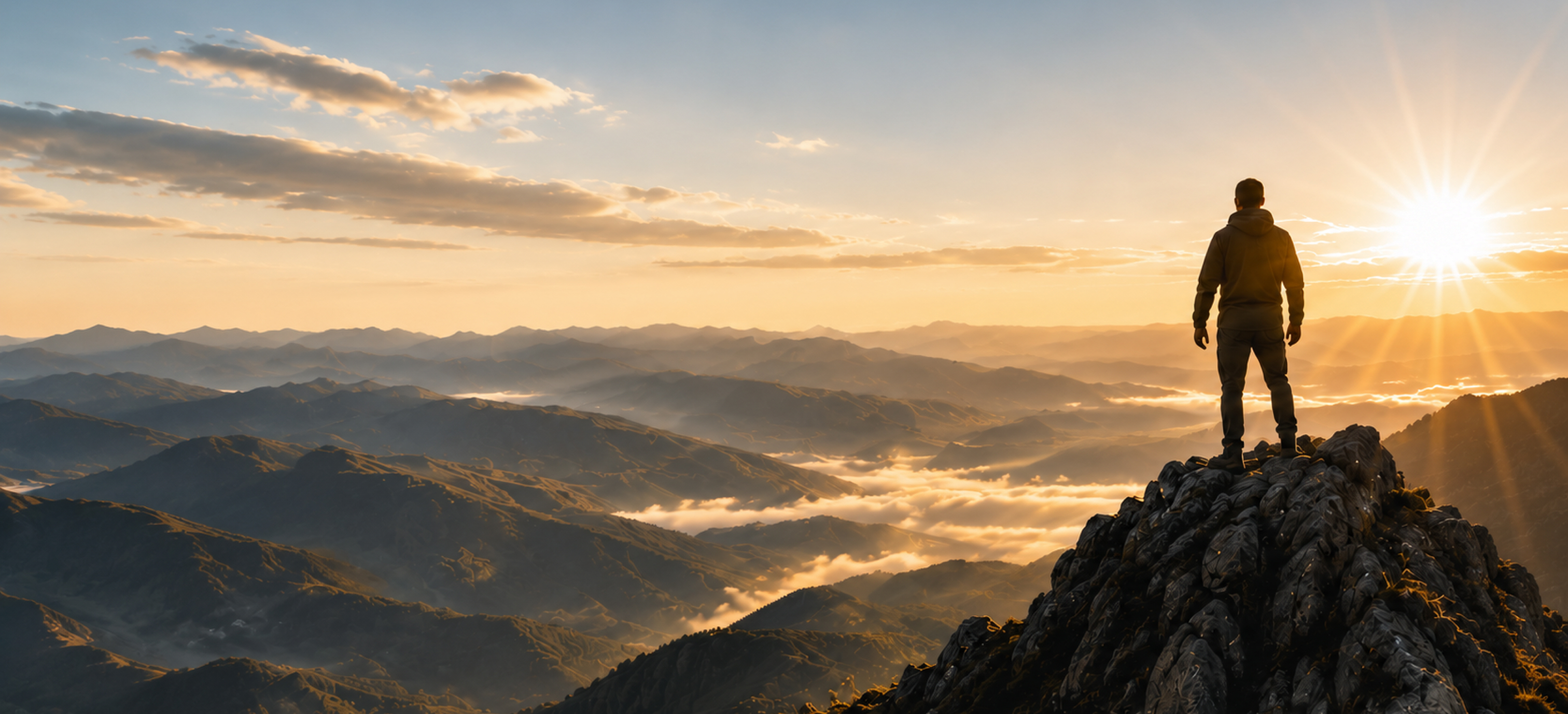 Person standing on a mountain peak overlooking a vast landscape at sunrise