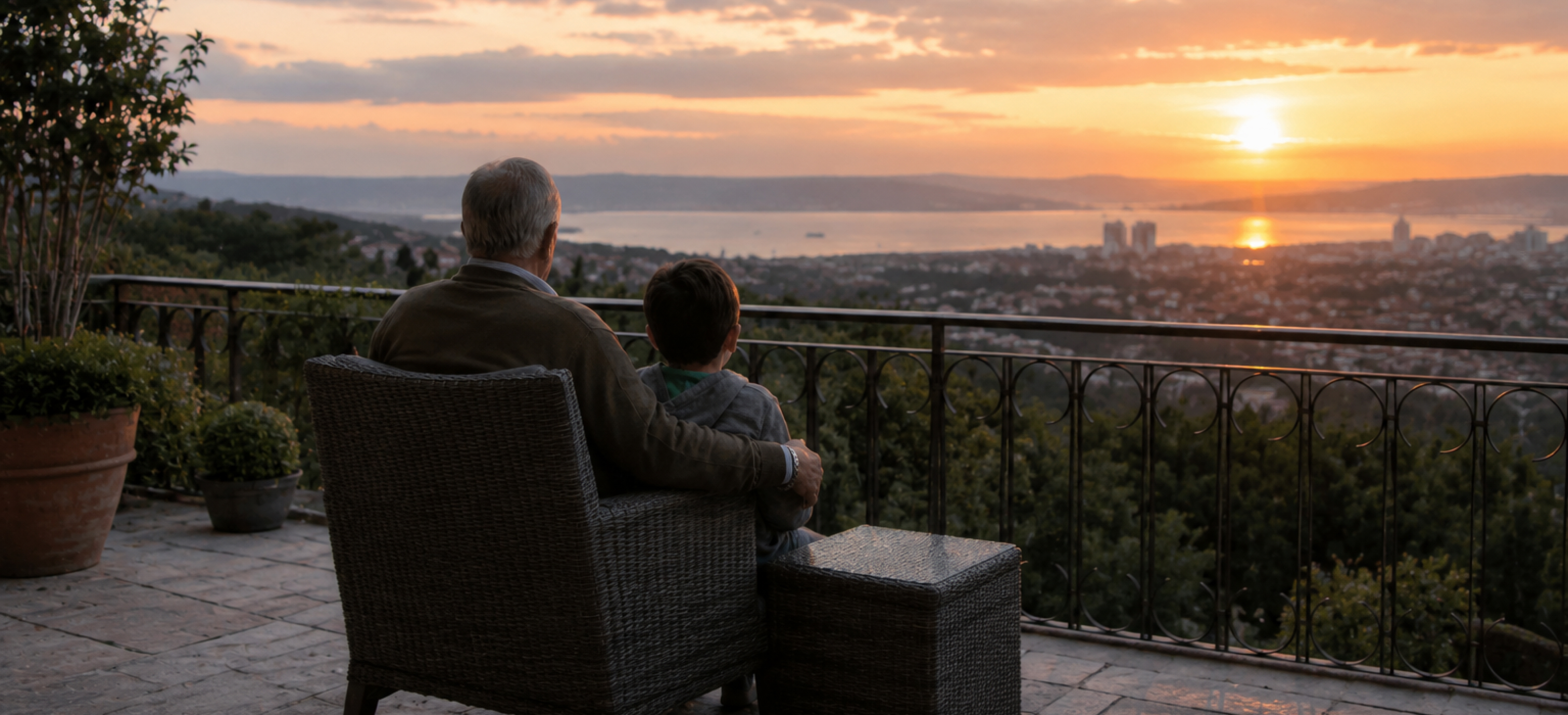 Grandfather and grandchild sitting on a patio overlooking a city at sunset