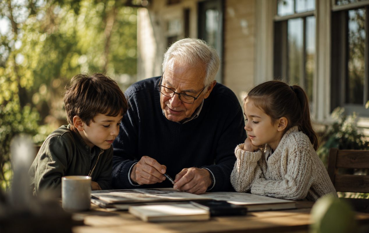 Grandfather with two grandchildren outdoors
