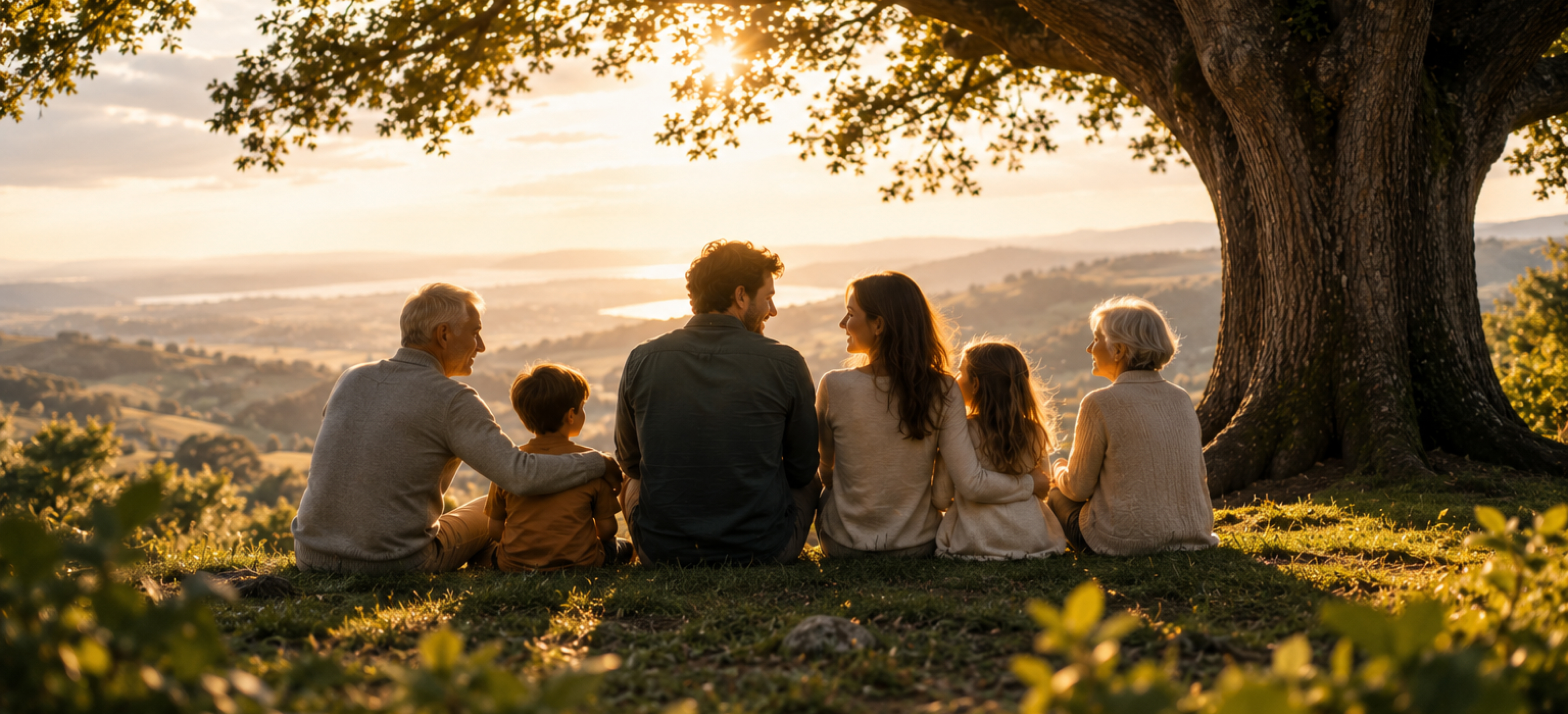 Multi-generational family gathered under a tree at sunset